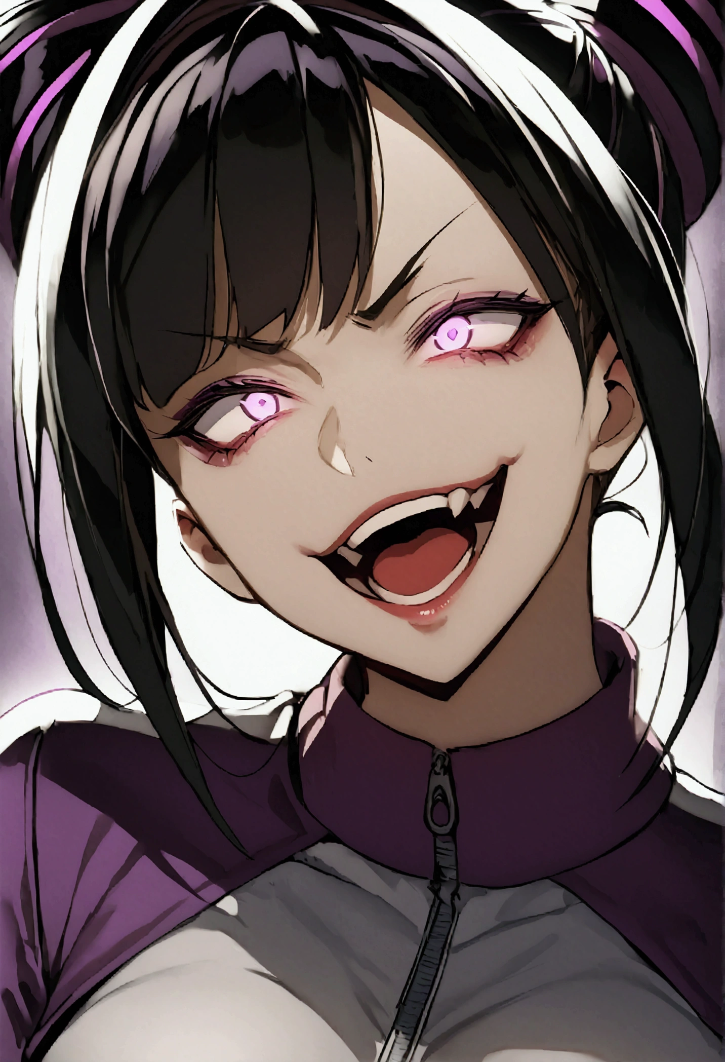 dark eye shadow,shining eyes,beautiful young fitness woman with , in a gym wearing May with black pantyhose, tight white and purple gym jacket. standing alone,hair horns,glowing purple eyes,Evil smile,legging preto ,labiaa,dark eye shadow,shining eyes,close up,open mouth with big evil smile