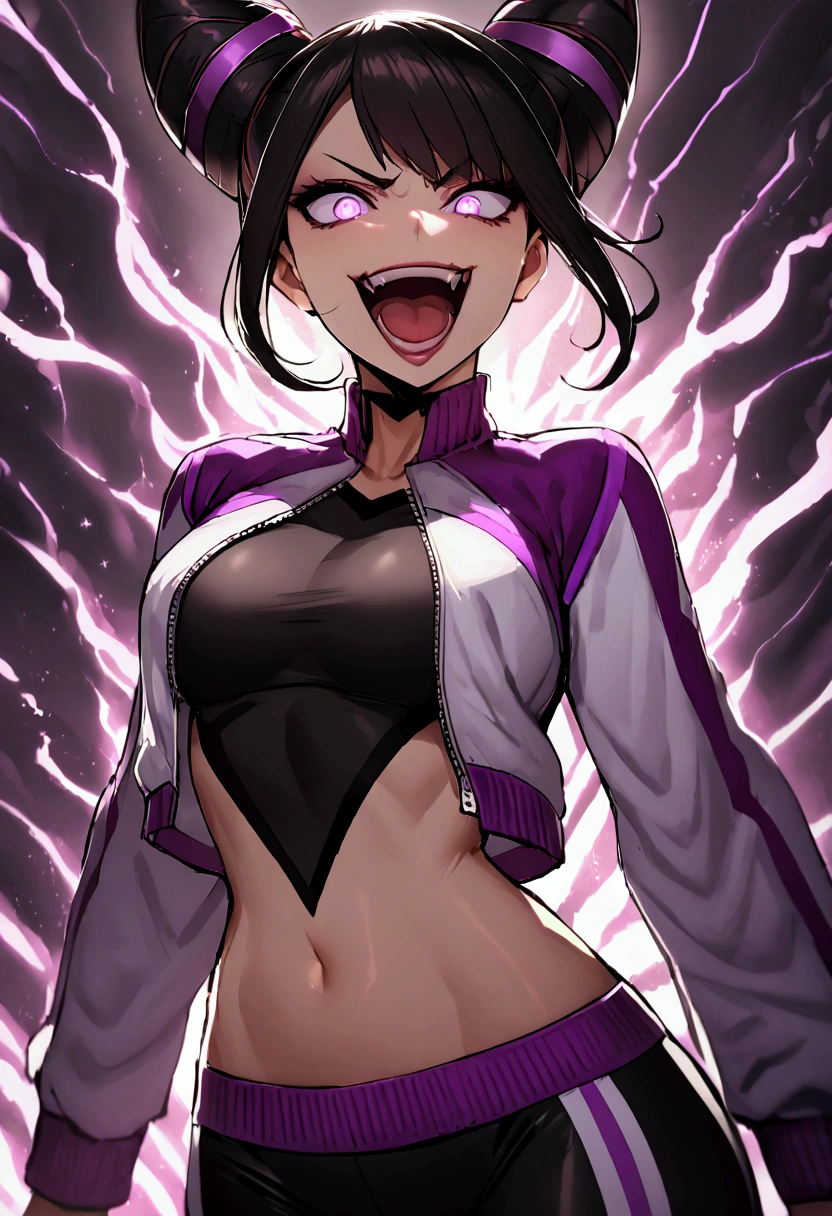 dark eye shadow,shining eyes,beautiful young fitness woman with , in a gym wearing May with black pantyhose, tight white and purple gym jacket. standing alone,hair horns,glowing purple eyes,Evil smile,legging preto ,labiaa,dark eye shadow,shining eyes,close up,open mouth with big evil smile
