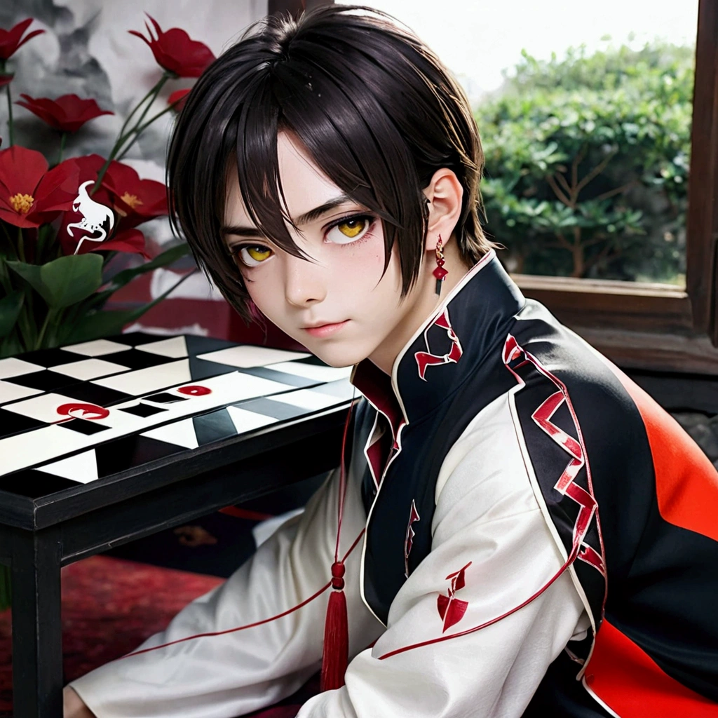 , (Masterpiece:1.2), best quality,Pixieve,Picture in the middle of the trip,
long hair, Hanfu, many boys, red flower, sit, flower, black hair, Chinese clothes, long sleeve, focus man, table, Holding, window, decorations, ponytail, look at viewer, wide arms, very long hair, lattice, Focus only, In the building, earring, decorationsผม, vase, book, plant, overcoat, smooth, tassel, gag, cross your legs, The face is clear and profound.