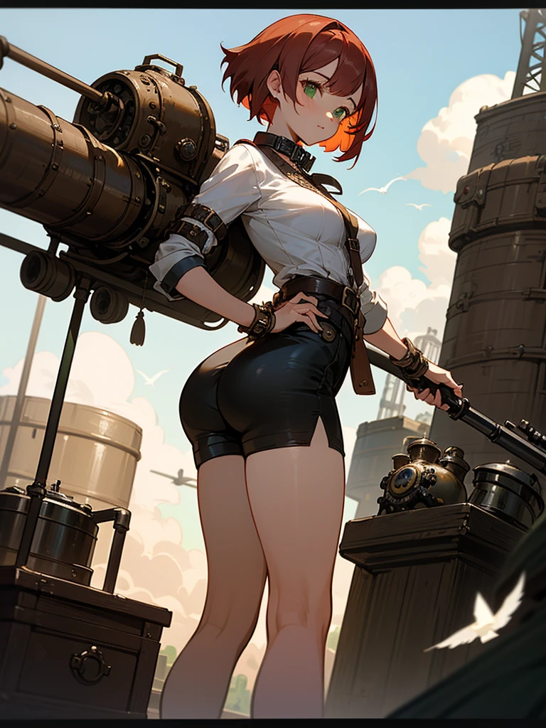 (((masterpiece))), (((best quality))), (((high definition))), (((a young woman))), with (((short red hair))), (((green eyes))), (((medium breasts D-cup))), (thick thighs), (((ass focus))), wearing a (((white shirt with a black collar))), and (((black gym shorts))) that accentuate her figure. The outfit is accented with brown belts and straps, giving a (((steampunk or military-inspired look))), (((steampunk style))), she is holding what appears to be a retro-looking bazooka. The background shows a bright blue sky filled with white clouds and several birds flying. Additionally, there are large industrial or steampunk-style structures that include pipes and gears, suggesting a fantastical or industrial setting. The overall composition has a dynamic and adventurous feel.