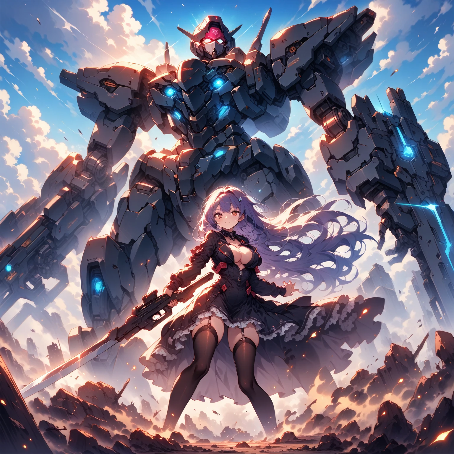 score_9, score_8_up, score_7_up, source_anime,masterpiece, best quality, high resolution, extremely detailed CG, absurdres, highres, a mecha girl holding a sword in front of a giant mech with a large blade, 1girl, weapon, mecha, robot, holding weapon, holding, gun, long hair, holding gun, glowing, sky, thighhighs, cloud, science fiction, outdoors, floating hair,1girl, solo, , thighs, looking at viewer, mecha musume,neondskdrmsxl, >:(