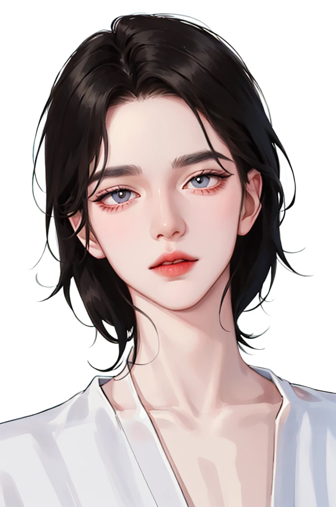 Handsome man wearing a white top, portrait, white background, aegyo sal, Gradient lips, Glass Skin, rosy cheeks and lips, big eyes, alone, cartoon style, pale skin, black hair