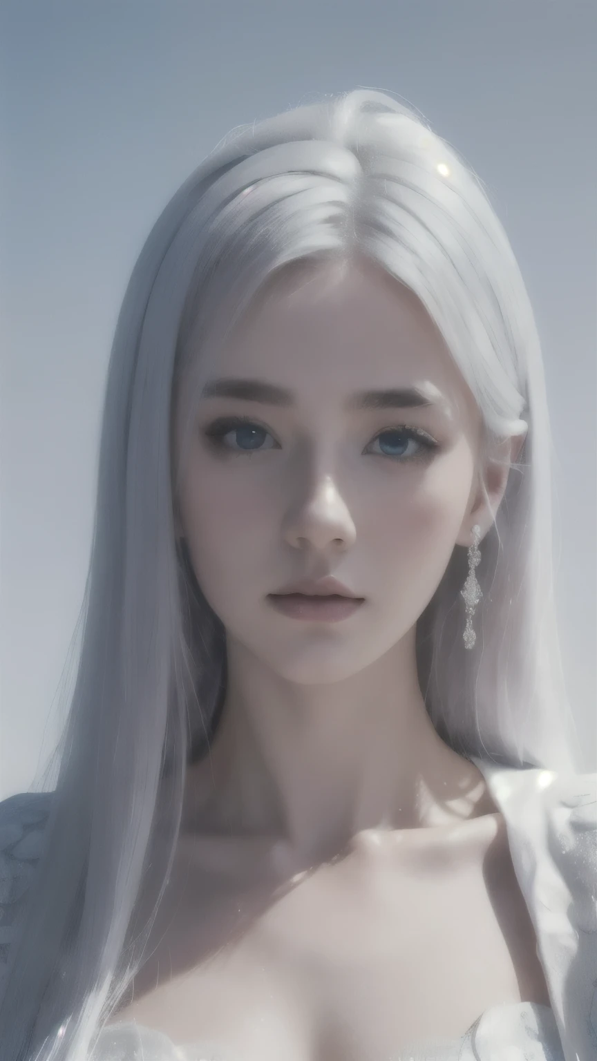 high quality,high resolution,masterpiece,8k,(surreal photo),(portrait),digital photography,(realism:1.4),20 year old girl,exquisite facial features,sparkling blue eyes,(teardrop nevus),random hairstyle,(white hair),big bust,(white scholar&#39;Gown,Highly detailed clothing patternra-wipe),Shut up,Elegant and proud,serious and indifferent,Really detailed expression,realistic details,light magic,Photo Pose,oc rendering reflection texture