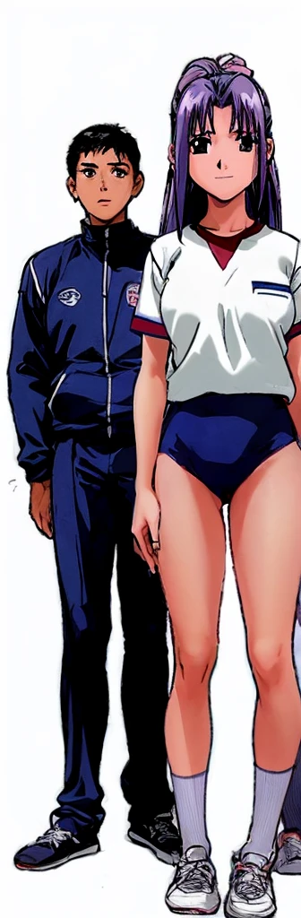Momoko Koigakubo, a tall girl with beautiful legs, is standing with a smile on her face in a white gym uniform and light navy blue bloomers that look like panties.。Momoko Koigakubo is holding the shoulders of a boy wearing a tracksuit。