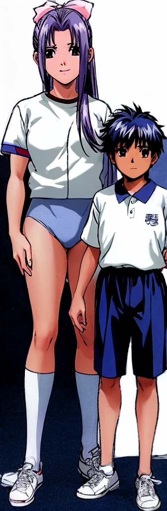 Momoko Koigakubo, a tall girl with beautiful legs, is standing with a smile on her face in a white gym uniform and light navy blue bloomers that look like panties.。Momoko Koigakubo is holding the shoulders of a boy wearing a tracksuit。