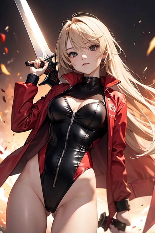 a bit, Warrior Girl, Black high leg swimsuit, sword,armor、Red jacket