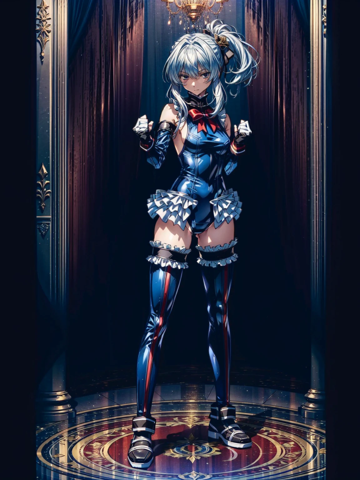 Blue leotard,Marie Rose,Bodysuits that stick to the body,Patent leather clothing,gloves,boots,corruption, Hollow Eyes, Half-closed eyes, Wicked Smile, No students, Crazy Smile, Open your mouth, One girl, (Dark Magical Girl), Dark Theme, Dark person