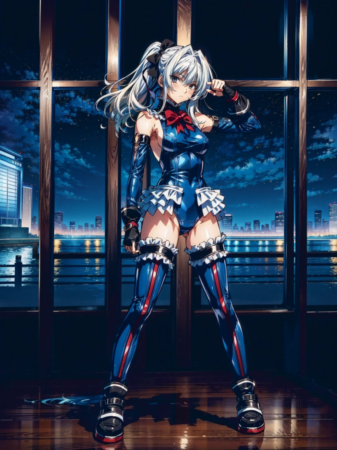 Masterpiece, Very detailed, Highest quality, Sharp focus, 12k, ultra hi resolution picture, big ,12k,Perfect Anatomy, Highest quality,,(Emotionless:1.2)
,Anime Style,(frilled swimsuit,thighhighs,detached sleeves), (Anime Style:1.4) ,
,(White fingers:1.1,Black gloves),
(Inside the fighting :1.2),,(full body:1.3),
