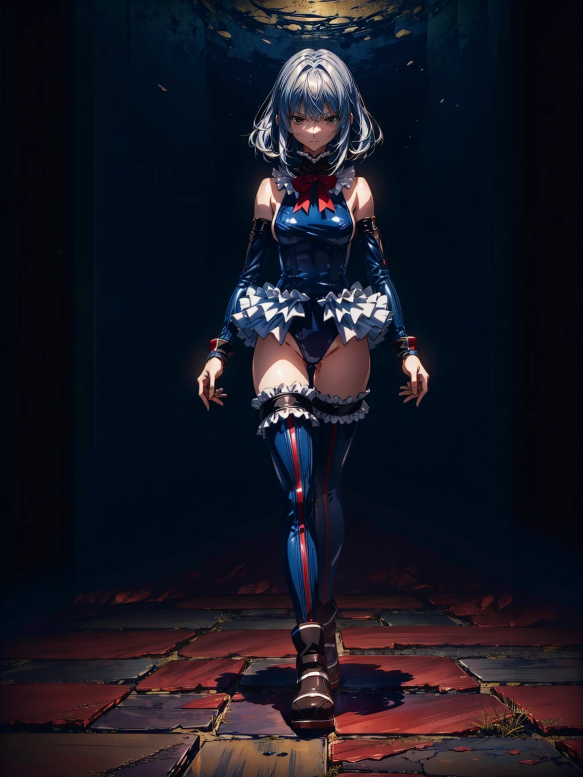 Masterpiece, Very detailed, Highest quality, Sharp focus, 12k, ultra hi resolution picture, big ,12k,Perfect Anatomy, Highest quality,,(Emotionless:1.2)
,Anime Style,(frilled swimsuit,thighhighs,detached sleeves), (Anime Style:1.4) ,
,(White fingers:1.1,Black gloves),
(Inside the fighting :1.2),,(full body:1.3),
