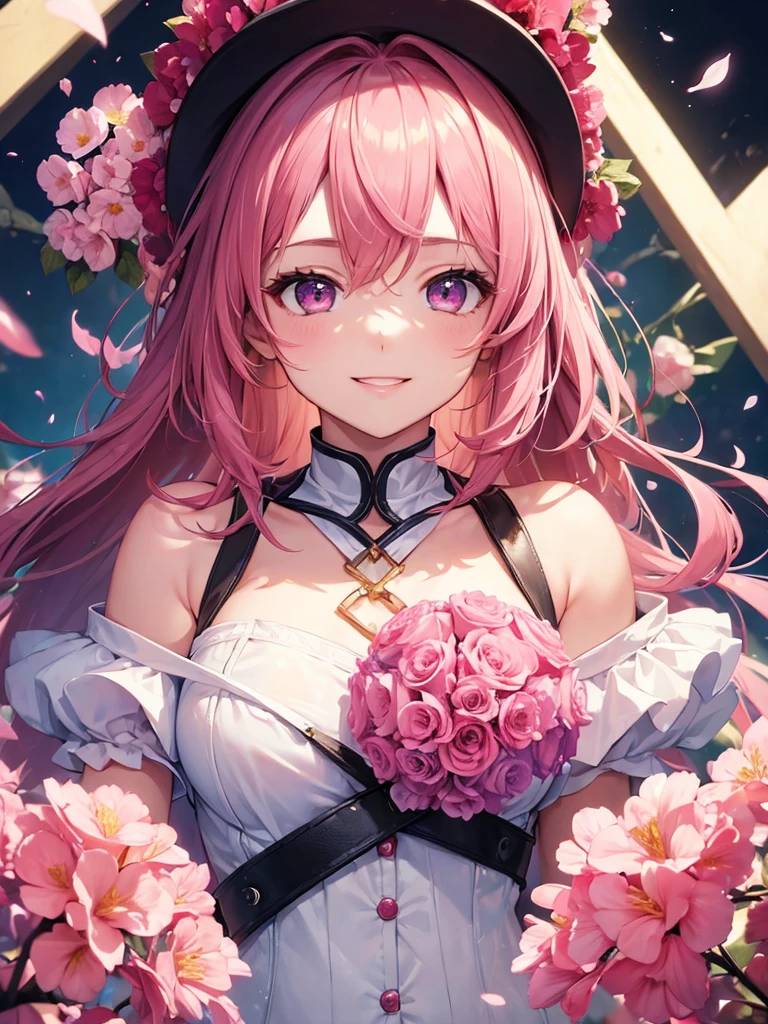 (masterpiece:1.5),(Beat quality),(high res),1girl solo,beautiful face,smile(shining eyes),upper body,light effects,Plainclothes woman,a large number of pink flowers