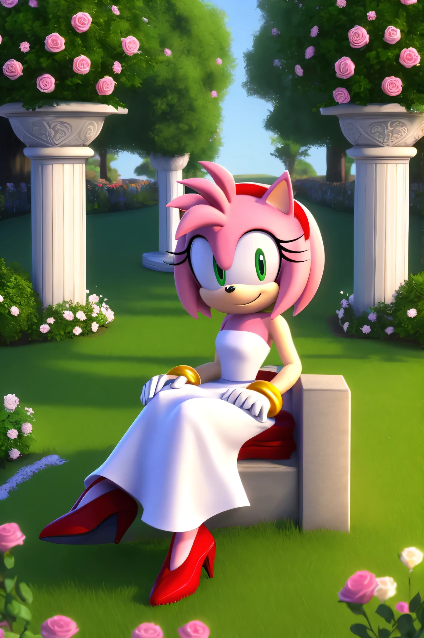 Amy Rose, 4k, mobian, beautiful long white dress, rose garden, princess-like seating, bare shoulders,green grass, smile, looking at viewers, red high heels, digital art
