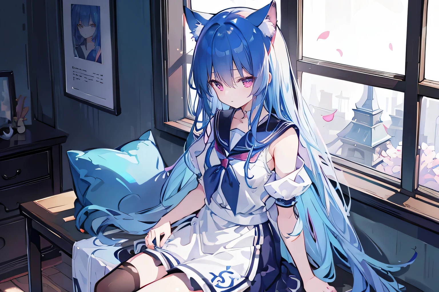 (masterpiece:1.2),Super detailed,lifelike,Expressive eyes,fair skin,perfect face shape,1 girl,
Japanese comics,Gorgeous blue hair,flowing blue hair,flowing clothes,Cat ears,Petals fall,beautiful lola,Baby Angel,
Broken hair curtain,A faint smile,Black and white sailor school uniform,cropped shoulder,Super good figure,Color hairpin,Put your hands on your chest,Raise your head slightly,Short skirt,Black stockings,sitting on window sill drinking coffee and looking out the window。