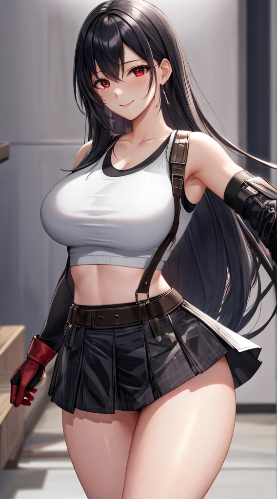 Best Quality, ultra-detailed, High resolution, extremely detailed CG, unity wallpaper 8k, super detailed skin, detailed, dynamic lighting, beautiful detailed eyes, tifa ff7, 1 girl, Alone, looking at the viewer, blush, seductive smile, white tank top, black skirt, skirt with straps, diaphragm, black thighs, red gloves, GOOD, The Great Passage, nod, bar, showing panties, dynamic angle, dynamic pose, Red eyes, smile, fighting stance,