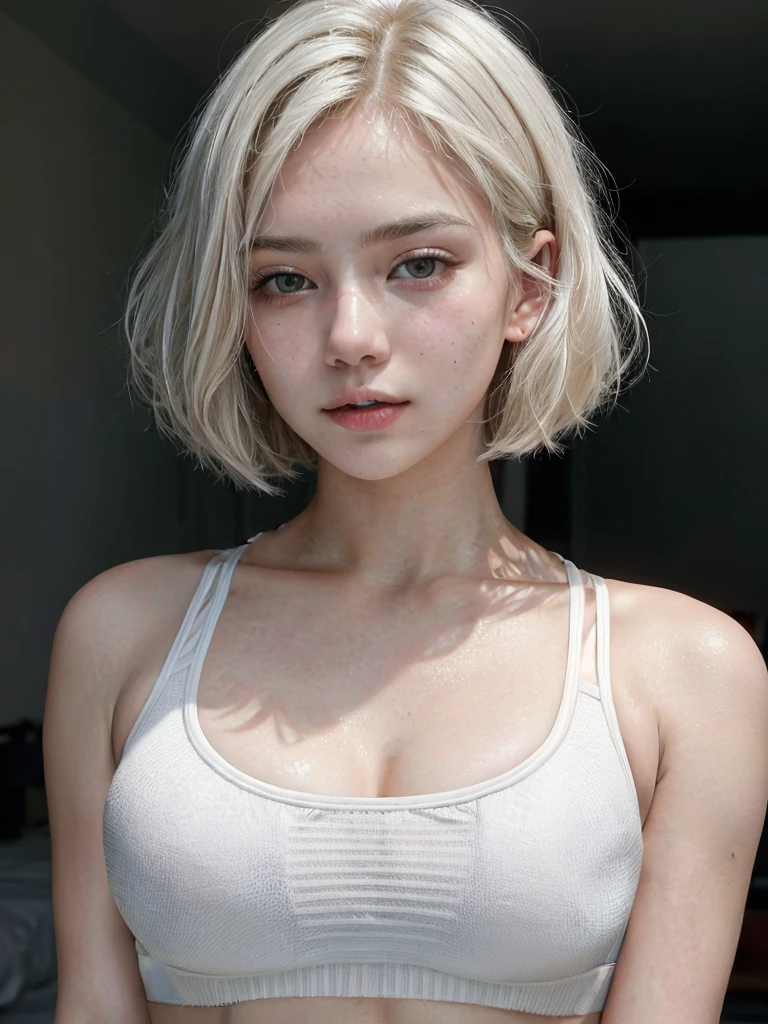 closeup portrait photo of beautiful 18 y.o girl, 8k uhd, high quality, dramatic, cinematic, sexy, cute, bobcut, white hair, (((big round breasts))), perfect small nipples, supermodel, perfect face, perfect breasts, sexy attire, (((perfect jaw))) , (((sports bra)))
