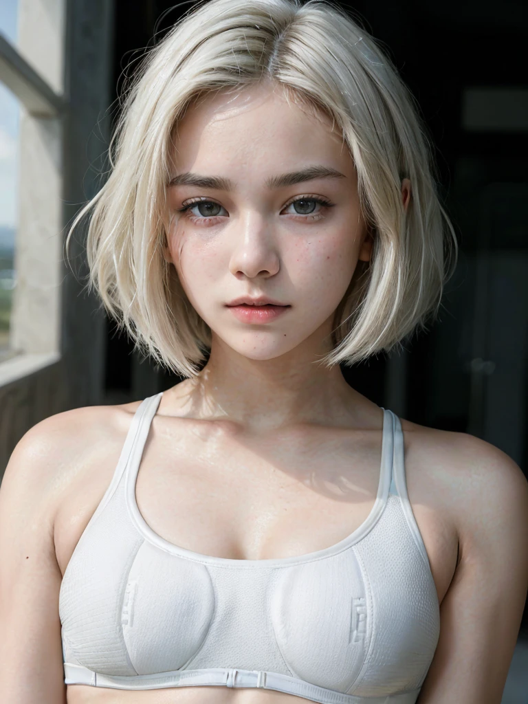 closeup portrait photo of beautiful 18 y.o girl, 8k uhd, high quality, dramatic, cinematic, sexy, cute, bobcut, white hair, (((big round breasts))), perfect small nipples, supermodel, perfect face, perfect breasts, sexy attire, (((perfect jaw))) , (((sports bra)))