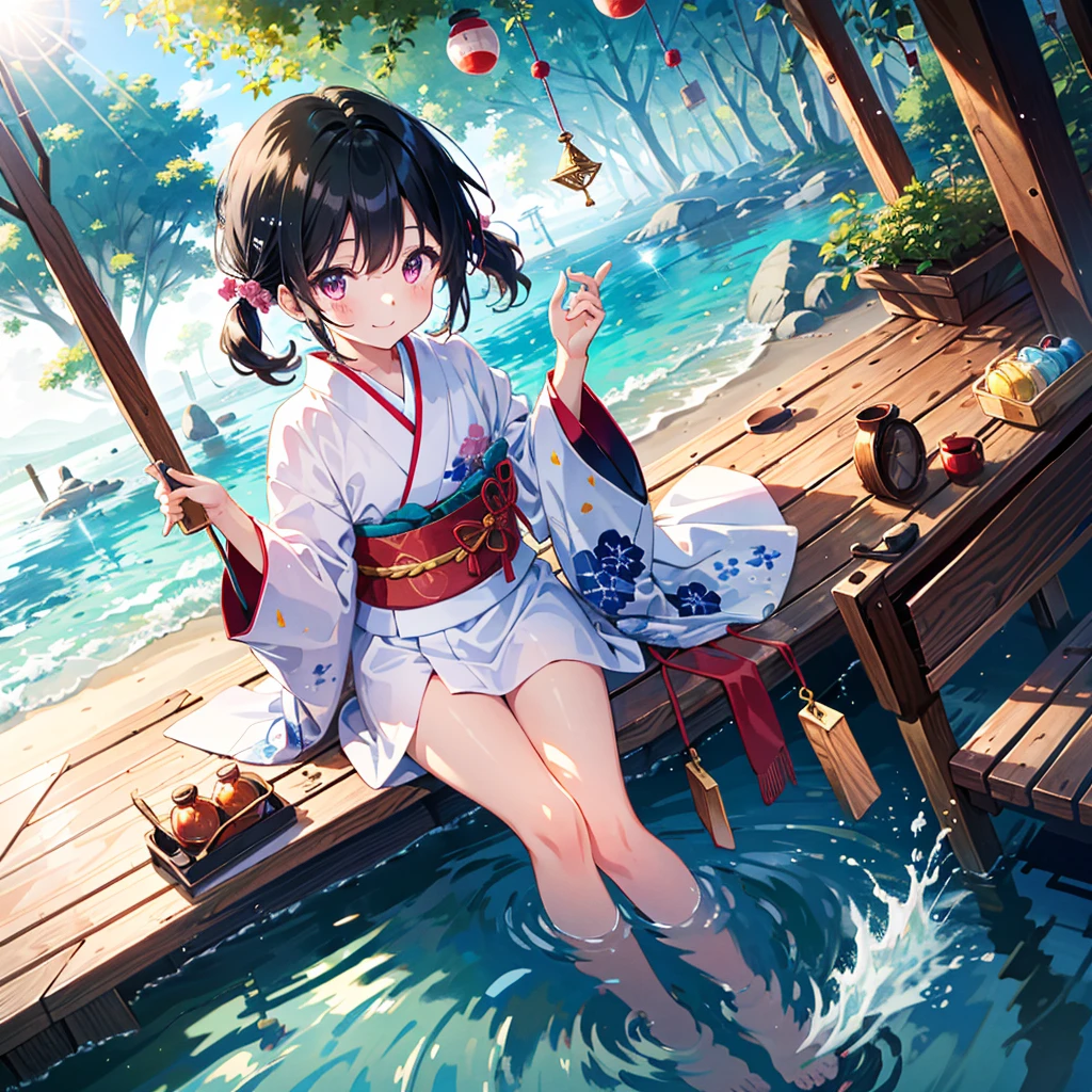 (best quality, masterpiece:1.1), vivid color, 15yo, 1girl, (black hair:1.1), short hair, low twintails, smile, (flat chest:1.1), (Japanese glass wind chimes:1.1), nice hand, perfect hand, sitting, from above, dutch angle, kimono, legs, lens flare, splash, BREAK pink eyes