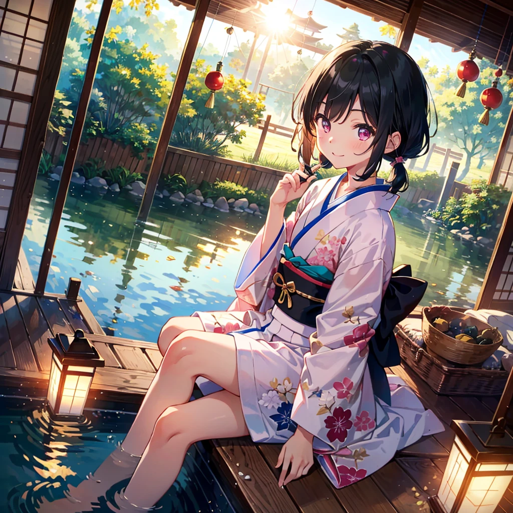(best quality, masterpiece:1.1), vivid color, 15yo, 1girl, (black hair:1.1), short hair, low twintails, smile, (flat chest:1.1), (Japanese glass wind chimes:1.1), nice hand, perfect hand, sitting, from above, dutch angle, kimono, legs, lens flare, splash, BREAK pink eyes