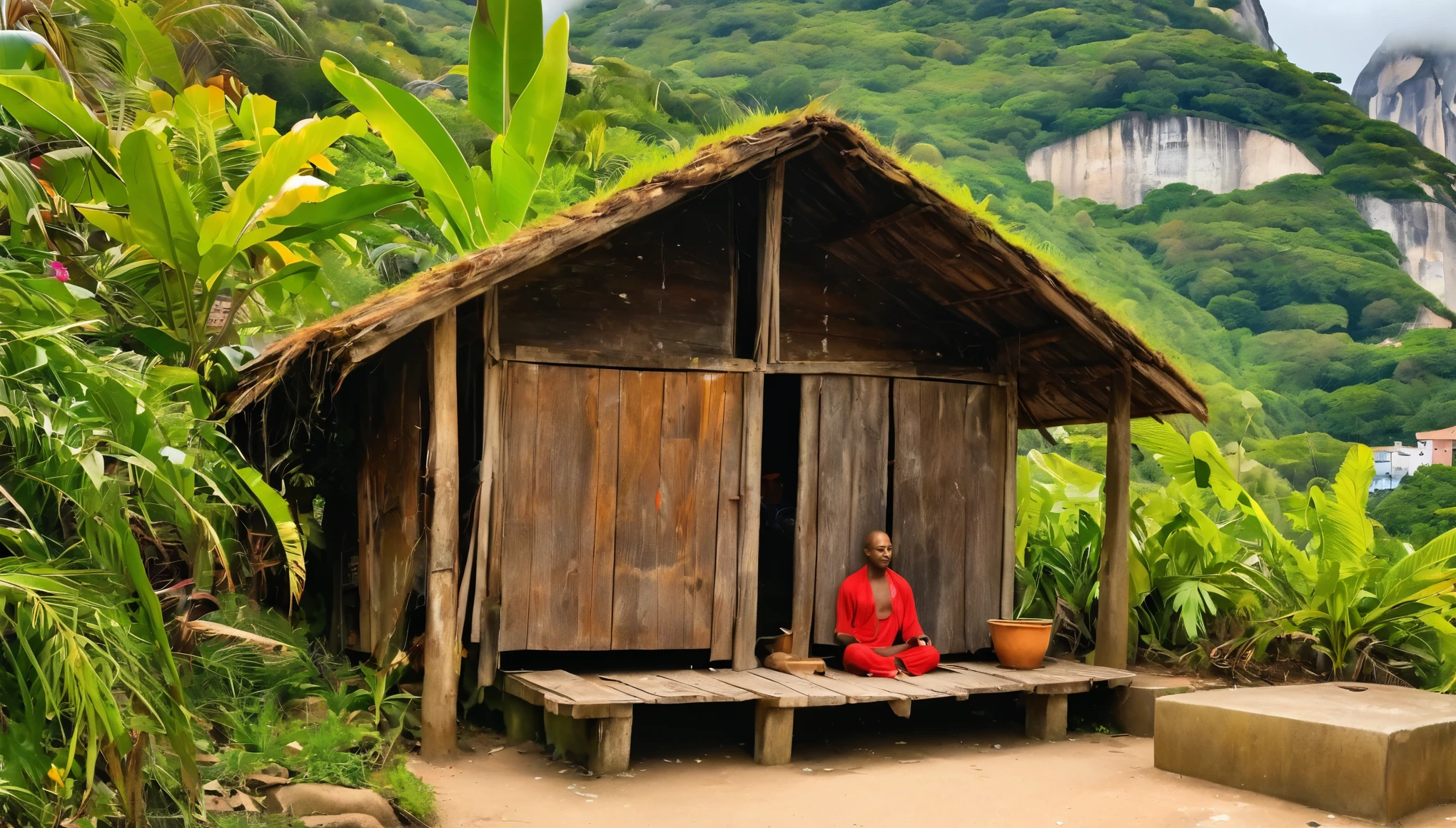 Beautiful shack in a clean favela in Rio de Janeiro. Em primeiro plano, a person meditating