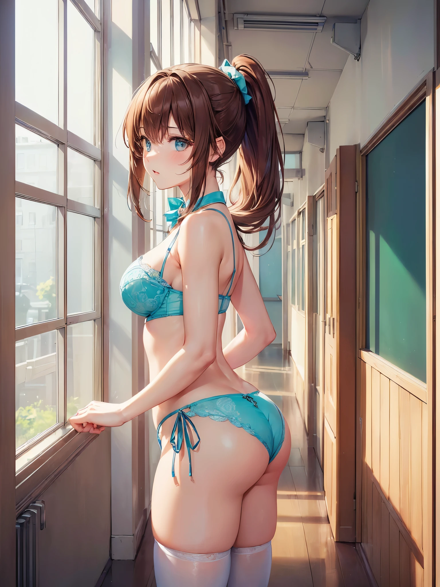 (((masterpiece, Highest quality, High resolution, 超High resolution, Perfect Pixel, Depth of written boundary, 4K, RTTX 10.0))), Beautiful Anime Woman, Beautiful art style, Anime characters, ((Smooth texture, Realistic texture, Anime CG Style)), Perfect and accurate finger count、Exact number of legs、(Exact number of arms:1.0, Exact number of hands:1.0), (Perfect hands, Perfect Anatomy), Cinematic, Realistic, Extremely detailed CG, Daytime lighting, Perfect lighting, Best Shadow, The best natural light, whole body, Perfect body, バランスのとれたPerfect body, Perfectly balanced style, Soft body, Slender body, ((bangs, Reddish brown hair, Long Hair, ponytail)), ((A cute adult woman is walking:1.8)), ((Bow tie around neck:1.3), (Sexy and cute turquoise underwear:1.3), (Stylish shiny turquoise blue satin panties, Side-tie panties, Panties with a plain turquoise blue center and lace decoration on the sides:1.3), (Turquoise micro lace satin bra, Turquoise blue bra with large lace trim around the edges:1.3), (Knee-high socks:1.3):1.4), (Beautiful big boobs:1.1), (Embarrassed expression:1.5), blush, (School corridor, Corridor with windows, Long corridor, In the background, there are many male students walking., The boys are paying attention to the girls:1.7), naked, In underwear, Only bra, panties and knee socks, School shoes, Angle from below the front