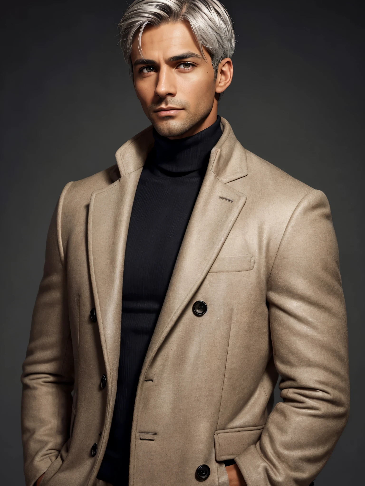 (best quality), 1boy, mature man, 34 years old, tanned skin, silver hair, short hair, hair loosely combed back, brown eyes, perfect eyes, muscular, handsome, small waist, strong jawline, cold expression, black turtleneck, coat jacket, fully clothed, clean face, masterpiece, anatomically correct, highres
