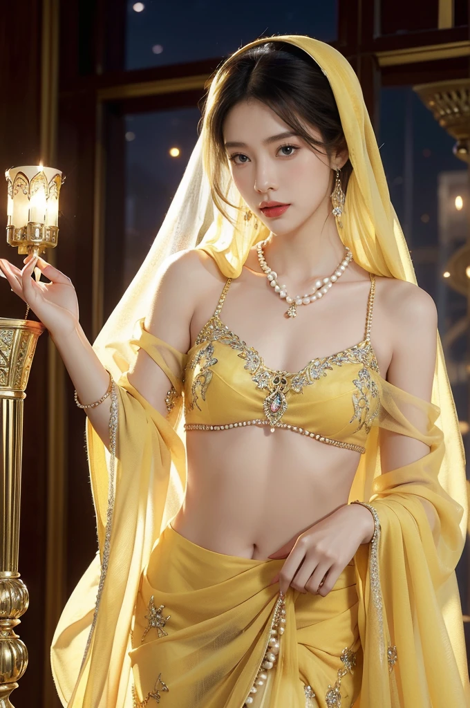 (((best quality))),(((ultra detailed))),(((masterpiece))),illustration,((1girl,Arabian dancer,solo)),(yellow hijab:1.3),((slim,thin)),((small breasts,flat chest)),((earrings,necklace)),((pearls,jewels,gemstones)),(night scene:1.3),(standing:1.3),(in luxurious palace:1.3),(indoor:1.3),(gorgeous embroidered yellow sheer abaya:1.3),(slender legs:1.2),intricate patterns,((Arabian theme,Middle Eastern culture)),(shoulder length straight hair:1.2),(sheer veil on face:1.3),mystery, ornate furnishings, decorations, enchantment, magic, Persian magic carpet,night sky, floating,Aladdin's lamp, flame, fulfillment of desires,candlelight,romance,One Thousand and One Nights, coherent narrative, dreamlike atmosphere, deep emotions, graceful movements, passion, face beneath the veil, beloved's dream, timeless beauty, enchantment,magical world, wondrous journey,((from front,upper body))