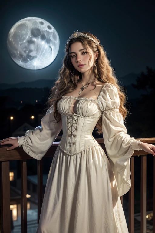 antique style, white european gypsy woman , curly longhair , 18th century long dress with white corset , white long sleeves, looking at the full moon from a balcony , Having a glass of wine . wearing jewelry .