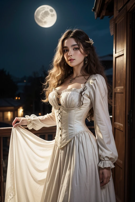 antique style, white european gypsy woman , curly longhair , 18th century long dress with white corset , white long sleeves, looking at the full moon from a balcony , Having a glass of wine . wearing jewelry .