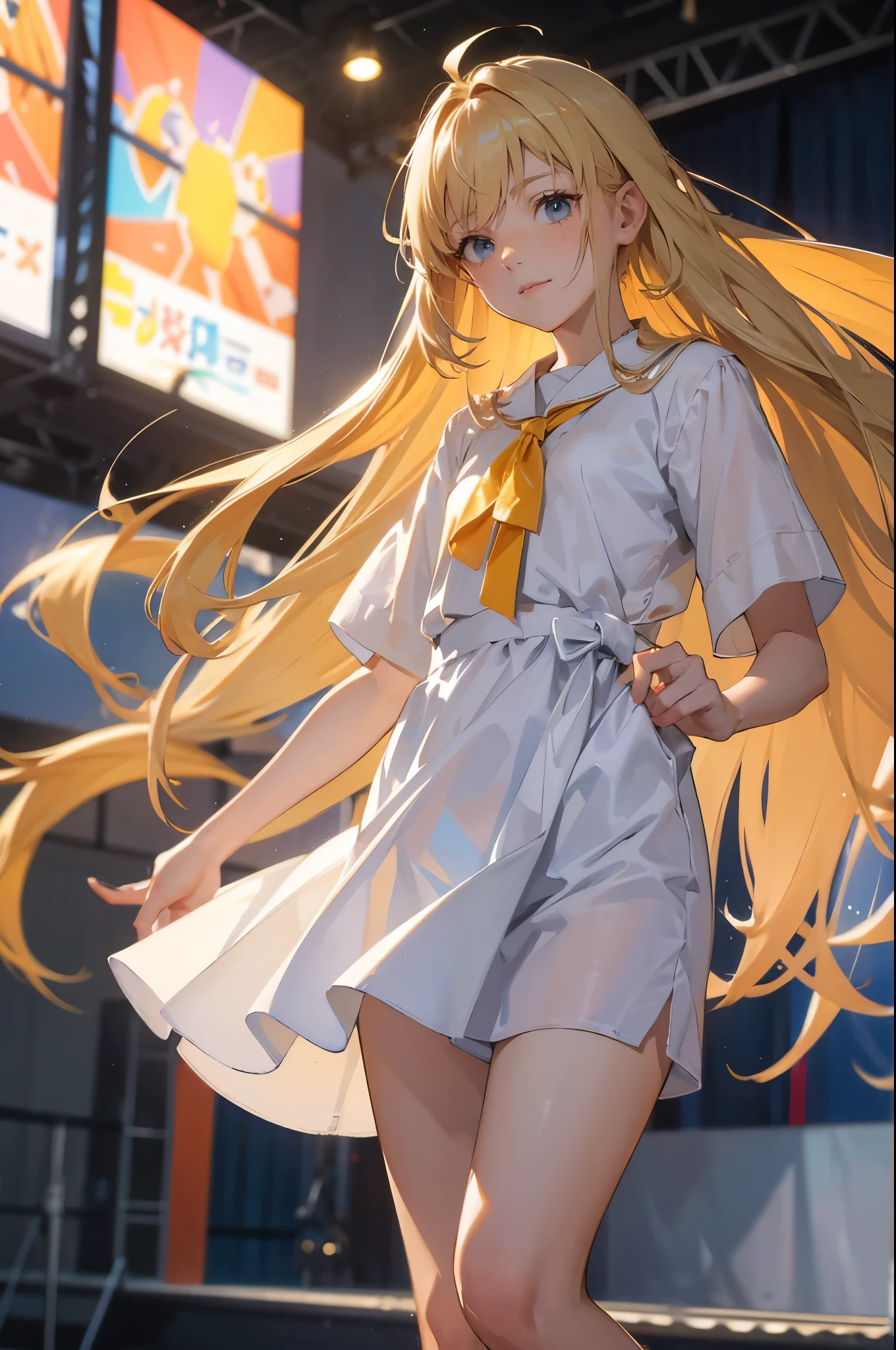 masterpiece, ultra detailed, 8k portrait, RAW photo, portrait photography, Highly detailed face, beautiful and meticulous amber color eyes, , standing on the stage, white shirt and blue shorts, thin long white gown, cute girl, long hair, light blonde girl with long hair, young girl, 1girl, cute girl, pretty girl, portrait of cute girl, slim:1.5,