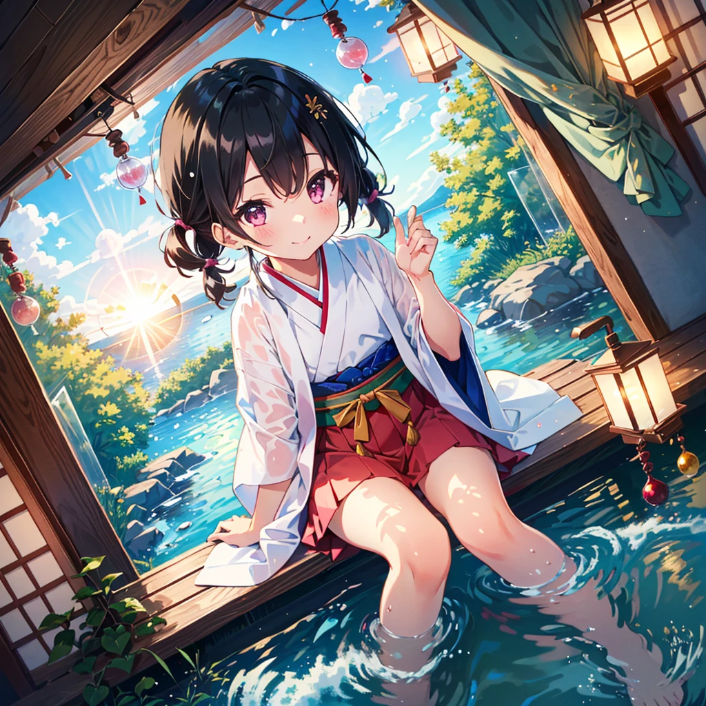 (Top quality, Masterpiece: 1.1), Bright colors, 5 , 1 girl, (Black hair: 1.1), Short hair, Low twintails, Smile, (Flat chest: 1.1), (Japanese glass wind chime: 1.1), nice hands, perfect hands, sitting, from above, dutch angle, loose clothes, legs, lens flare, splash, BREAK pink eyes