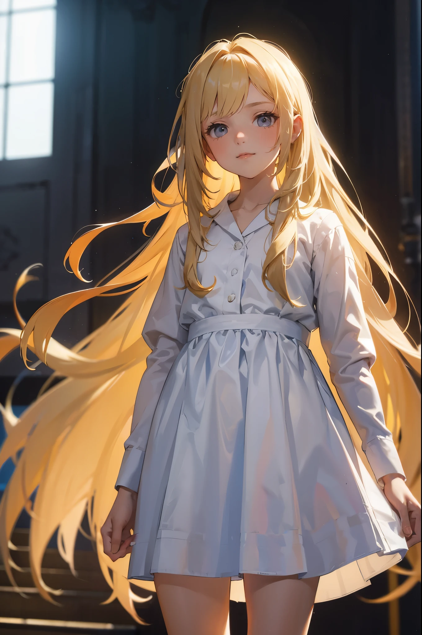 masterpiece, ultra detailed, 8k portrait, RAW photo, portrait photography, Highly detailed face, beautiful and meticulous amber color eyes, , standing on the stage, white shirt and blue shorts, thin long white gown, cute girl, long hair, light blonde girl with long hair, young girl, 1girl, cute girl, pretty girl, portrait of cute girl, slim:1.5,