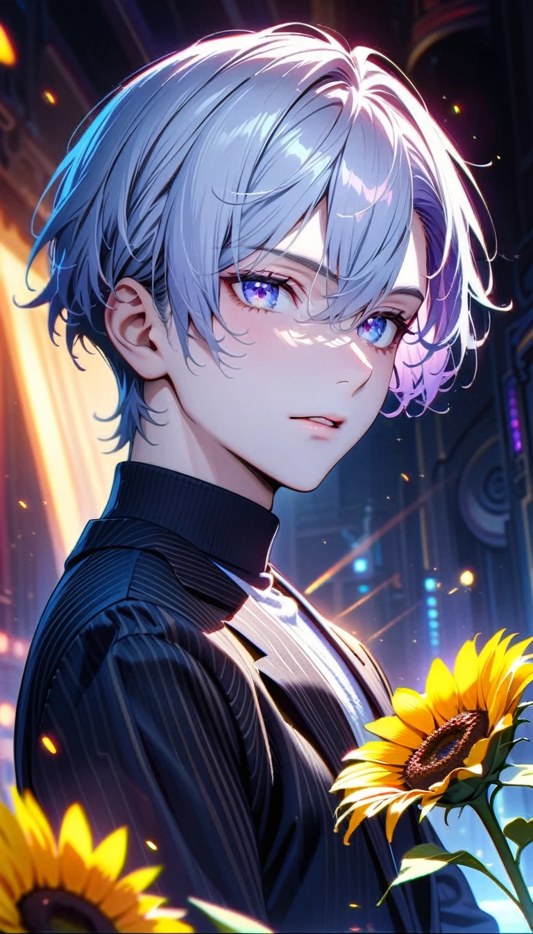 Masterpiece, best quality, Superb details, high definition, Expensive resolution, HDR, Superb details CG, beautiful details, , fine texture, very good, complete concentration, Pale skin, cute guy, A curious but cute man, Not sure, short hair, blue-purple-gray hair, white hair highlights, beautiful eye details, purple blue eyes, full details black tuxedo sอุ้ยt, blue cut,, 1 man, Wear a large black and white sweater., Sweet face and eyes, gag, pure atmosphere, holding a sunflower, complicated details, Volumetric light, Atmosphere light, lens flare, particle, Cinema-grade lighting, Colorful light, white outline great details, complicated, Beautiful glowing details, Very detailed eyes and face, 