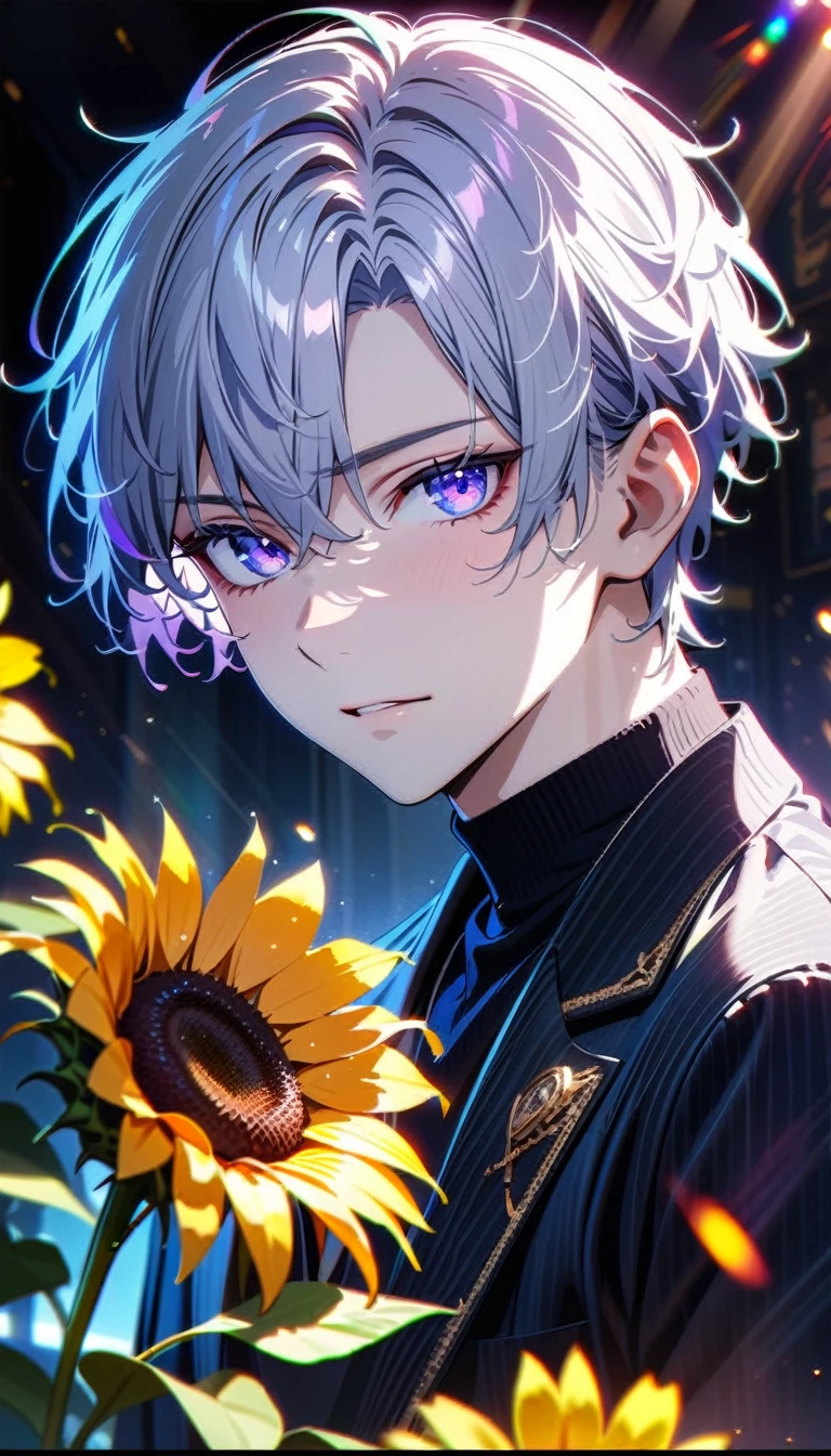 Masterpiece, best quality, Superb details, high definition, Expensive resolution, HDR, Superb details CG, beautiful details, , fine texture, very good, complete concentration, Pale skin, cute guy, A curious but cute man, Not sure, short hair, blue-purple-gray hair, white hair highlights, beautiful eye details, purple blue eyes, full details black tuxedo sอุ้ยt, blue cut,, 1 man, Wear a large black and white sweater., Sweet face and eyes, gag, pure atmosphere, holding a sunflower, complicated details, Volumetric light, Atmosphere light, lens flare, particle, Cinema-grade lighting, Colorful light, white outline great details, complicated, Beautiful glowing details, Very detailed eyes and face,
