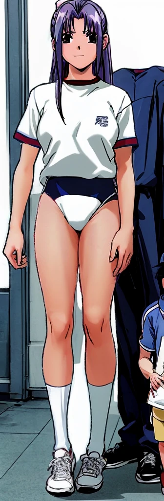 Momoko Koigakubo, a tall girl with beautiful legs, is standing with a smile on her face in a white gym uniform and light navy blue bloomers that look like panties.。Momoko Koigakubo is holding the shoulders of a boy wearing a tracksuit。