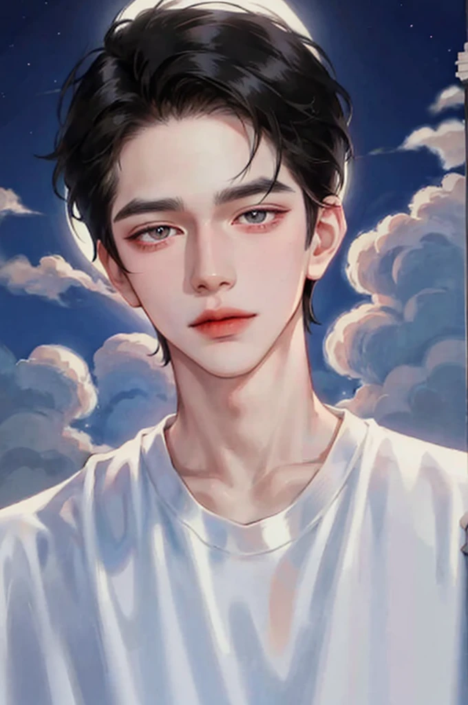 Handsome man wearing a white top, portrait, backlight, aegyo sal, Gradient lips, Glass Skin, rosy cheeks and lips, big eyes, alone, cartoon style, pale skin, black hair, pomade, cloud, full moon