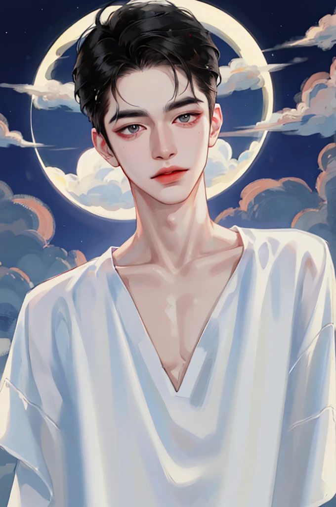 Handsome man wearing a white top, portrait, backlight, aegyo sal, Gradient lips, Glass Skin, rosy cheeks and lips, big eyes, alone, cartoon style, pale skin, black hair, pomade, cloud, full moon