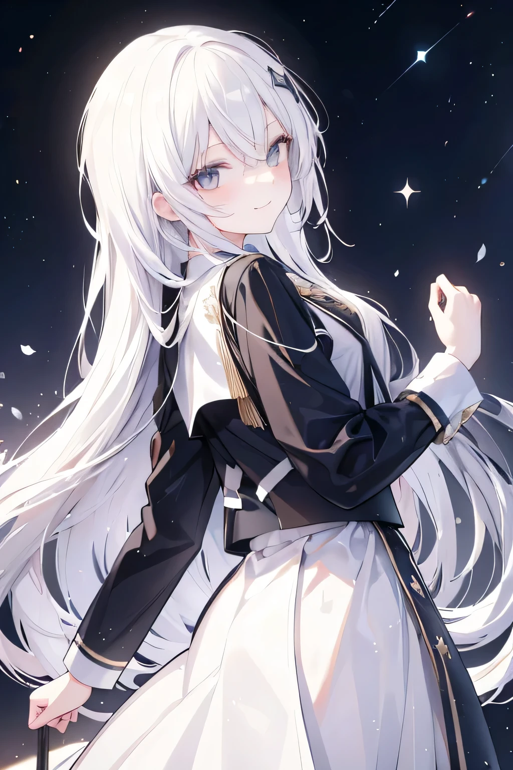 white hair, long straight hair, female, high school student, smiling face, Posing looking back, terminally ill, dark eyes, star
