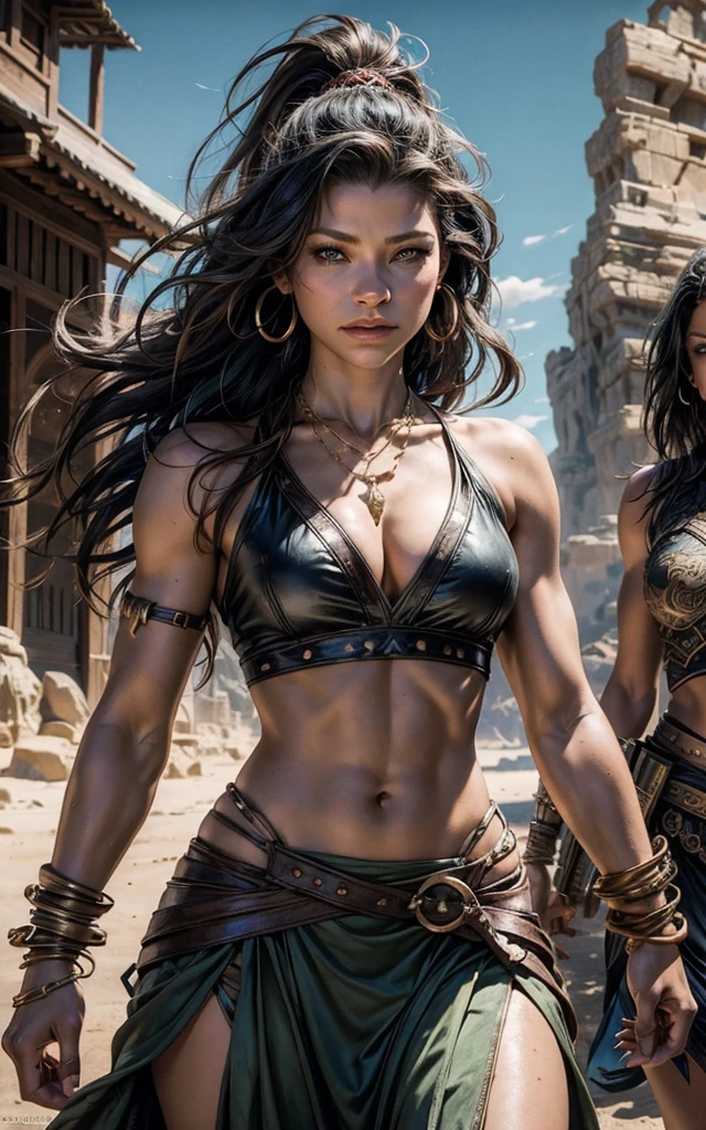 (Zendaya:Evangeline Lilly), Hyborian Age, ancient desert oasis, 10,000 BC, slightly muscular, Beautiful anime waifu style girl, hyperdetailed painting, luminism, art by Carne Griffiths and Wadim Kashin concept art, dark skin, bracelet, earrings, solo focus, dark-skinned female, midriff, blurry background, long hair, necklace, cleavage, black hair, skirt, realistic,