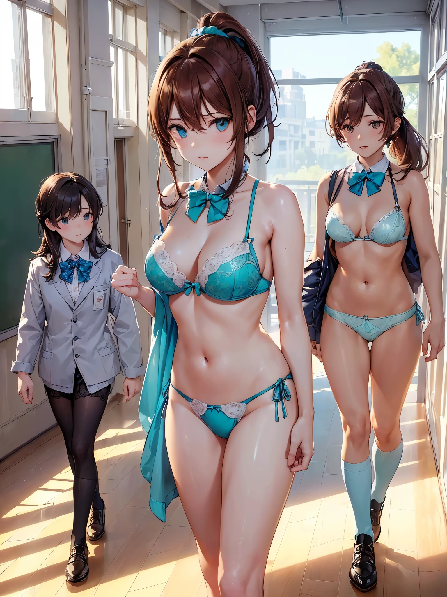 (((masterpiece, Highest quality, High resolution, 超High resolution, Perfect Pixel, Depth of written boundary, 4K, RTTX 10.0))), Beautiful Anime Woman, Beautiful art style, Anime characters, ((Smooth texture, Realistic texture, Anime CG Style)), Perfect and accurate finger count、Exact number of legs、(Exact number of arms:1.0, Exact number of hands:1.0), (Perfect hands, Perfect Anatomy), Cinematic, Realistic, Extremely detailed CG, Daytime lighting, Perfect lighting, Best Shadow, The best natural light, whole body, Perfect body, バランスのとれたPerfect body, Perfectly balanced style, Soft body, Slender body, ((bangs, Reddish brown hair, Long Hair, ponytail)), ((A cute adult woman is walking:1.8)), ((Bow tie around neck:1.3), (Sexy and cute turquoise underwear:1.3), (Stylish shiny turquoise blue satin panties, Side-tie panties, Panties with a plain turquoise blue center and lace decoration on the sides:1.3), (Turquoise micro lace satin bra, Turquoise blue bra with large lace trim around the edges:1.3), (Knee-high socks:1.3):1.4), (Beautiful big boobs:1.1), (Embarrassed expression:1.5), blush, (School corridor, Corridor with windows, Long corridor, In the background, there are many male students walking., The boys are paying attention to the girls:1.7), naked, In underwear, Only bra, panties and knee socks, School shoes, Angle from below the front