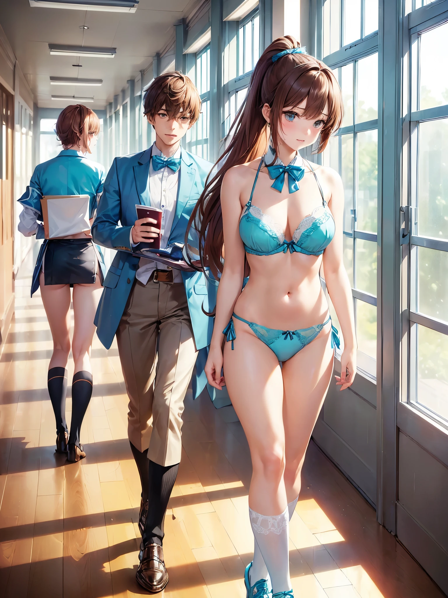 (((masterpiece, Highest quality, High resolution, 超High resolution, Perfect Pixel, Depth of written boundary, 4K, RTTX 10.0))), Beautiful Anime Woman, Beautiful art style, Anime characters, ((Smooth texture, Realistic texture, Anime CG Style)), Perfect and accurate finger count、Exact number of legs、(Exact number of arms:1.0, Exact number of hands:1.0), (Perfect hands, Perfect Anatomy), Cinematic, Realistic, Extremely detailed CG, Daytime lighting, Perfect lighting, Best Shadow, The best natural light, whole body, Perfect body, バランスのとれたPerfect body, Perfectly balanced style, Soft body, Slender body, ((bangs, Reddish brown hair, Long Hair, ponytail)), ((A cute adult woman is walking:1.8)), ((Bow tie around neck:1.3), (Sexy and cute turquoise underwear:1.3), (Stylish shiny turquoise blue satin panties, Side-tie panties, Panties with a plain turquoise blue center and lace decoration on the sides:1.3), (Turquoise micro lace satin bra, Turquoise blue bra with large lace trim around the edges:1.3), (Knee-high socks:1.3):1.4), (Beautiful big boobs:1.1), (Embarrassed expression:1.5), blush, (School corridor, Corridor with windows, Long corridor, In the background, there are many male students walking., The boys are paying attention to the girls:1.7), naked, In underwear, Only bra, panties and knee socks, School shoes, Angle from below the front