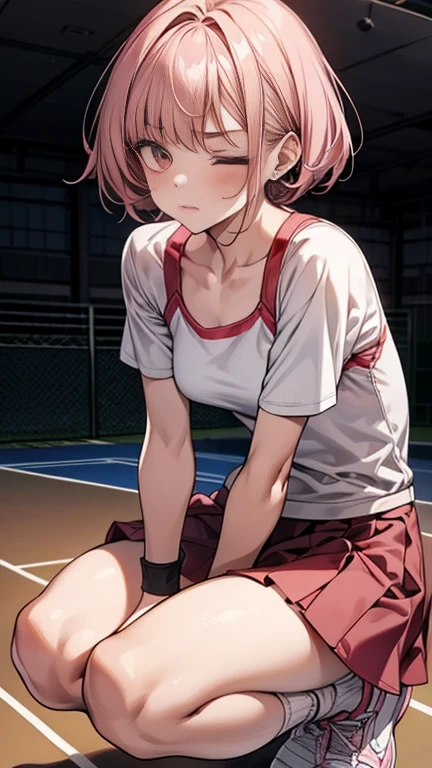 nsfw,Dynamic composition,{{masterpiece}}, {{{Highest quality}}},{{Very detailed}},1girl,30 year old female,{Mature Woman}},clavicle,{{short sleeves One-piece tennis wear:1.4}}{{Crouch with knees up:1.6}},{{crouching:1.6}},{squatting{:1.6}},{{shortness of breath:1.4}},one eye closed,from below,Cowboy Shot,{{Medium breast}},{{Female indoor tennis player}},small face,{{Put your hands on your knees.}},{{flared skirt:1.6}},{{Inner shorts}},Wristband ,{{v-shaped eyebrows}},Bad mood,blush、anger,Sweat,raise one's eyebrows ,{{View your viewers}}、indoor tennis court ,pink hair bob cut,Blunt bangs.abdominal pain ,{{pain}},ankle socks