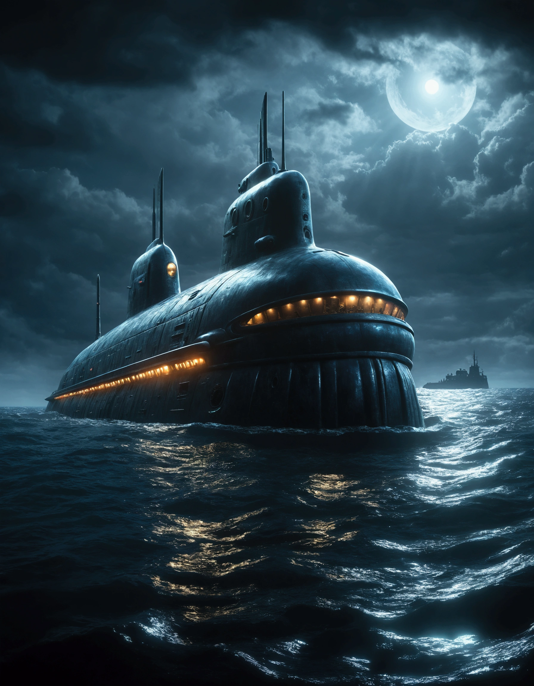 Ugly Alien Ship, Huge submarine, Standing in the sea, Alien, There&#39;s a small submarine nearby., A spectacular sight, heavy atmosphere, Surrealism, Chiaroscuro, Cinema Lighting, Wide Shot, masterpiece, Accurate, Anatomically correct, Super Detail, Attention to detail, Highest quality, 8k