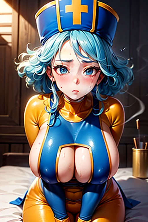 masterpiece, Highest quality, Unreal Engine, Super Resolution, Very detailed,
Beautiful woman, Dragon Quest Female Monk, long sky blue hair, Blue priest hat, ((Orange bodysuit)), Mitra, ((Tabard)), Elbow-length gloves, Vivid expression, Healthy Body, Beautifully detailed sweat glands, Smooth skin texture, Carefully drawn,
(humidity:1.5), (Lewd Scent:1.5), Beautiful Eyes, (Attractive face:1.2), (Beautiful Skin), Tight waist, (Big Breasts), Round Breasts, (Sticky with sweat), Irresistibly sexy pose,
In the world of Dragon Quest, ((In a room filled with the smoke of aphrodisiac incense)),