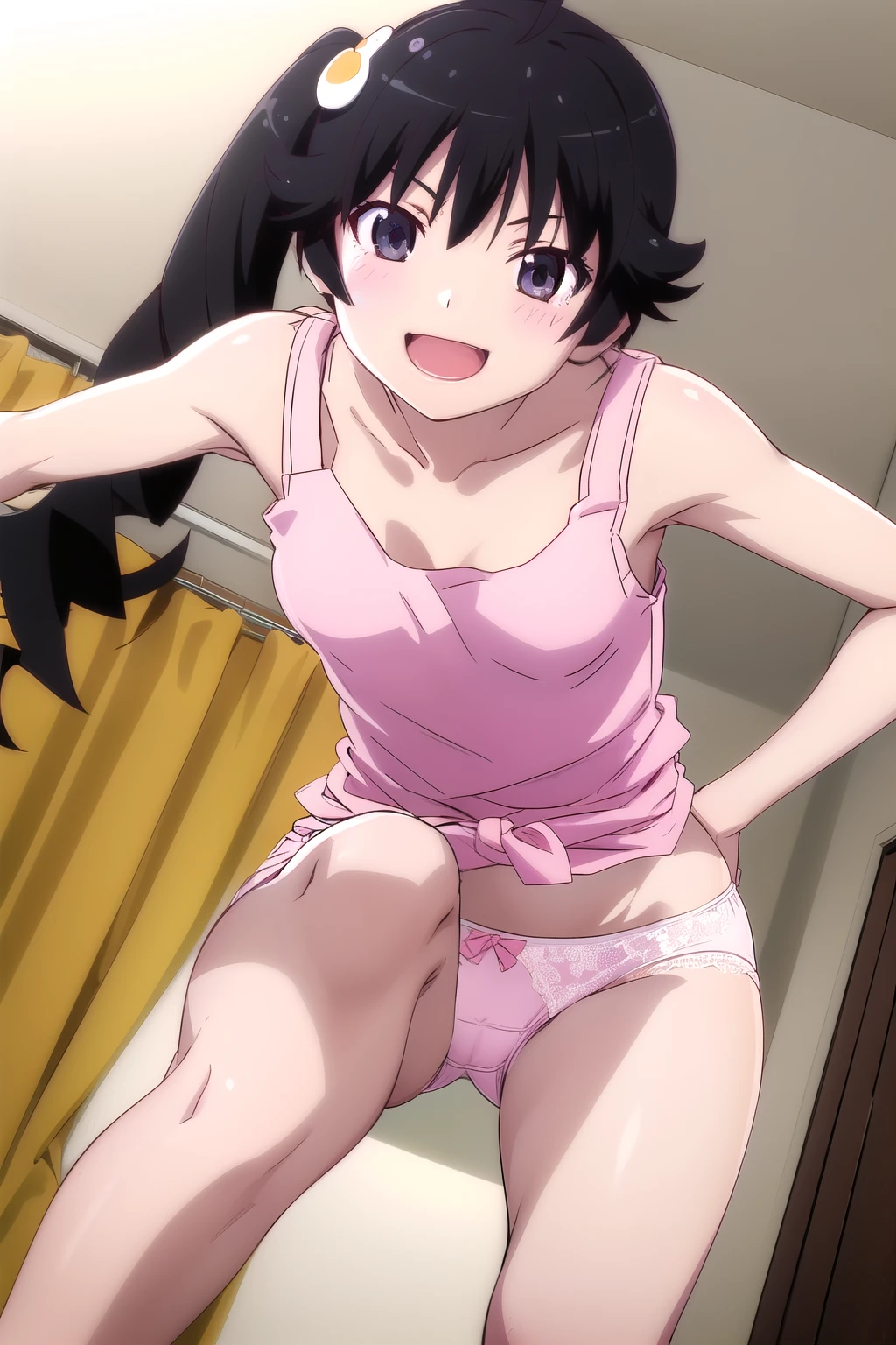 (araragi karen), One girl, Long Hair, Side Ponytail, Ahoge, egg hair ornament, smile, Open your mouth, medium breastst, (white tank top), pink lace panties, Cowboy Shot, squatting, from below, open legs, Put your arms on your hips, indoors, dutch angle
