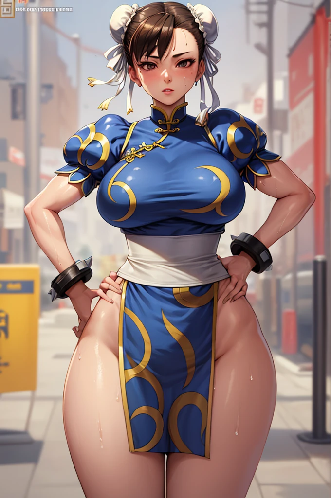 masterpiece,of the highest quality, unreal engine, Super resolution, Very detailed,
1 girl, waist, delgado, (muscular:0.8)
round breasts, big breasts, Bold,  lips parted, observe the audience,
They are standing, sexy pose
waist shot,
Simple background anime style, Clave visual,
Bun, Blue Chinese clodelgadog, Chun Li, Street Fighter,Sticky with sweat,The clothes are wet too., 