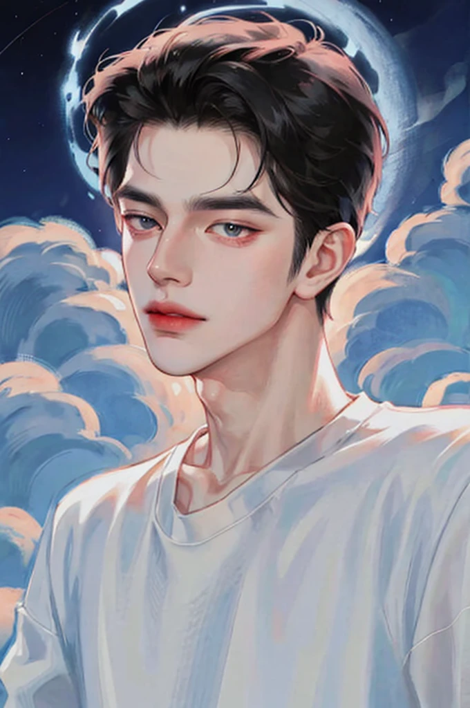 Handsome man wearing a white top, portrait, backlight, aegyo sal, Gradient lips, Glass Skin, rosy cheeks and lips, big eyes, alone, cartoon style, pale skin, black hair, pomade, cloud, full moon