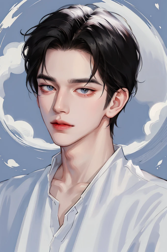 Handsome man wearing a white top, portrait, backlight, aegyo sal, Gradient lips, Glass Skin, rosy cheeks and lips, big eyes, alone, cartoon style, pale skin, black hair, pomade, cloud, full moon