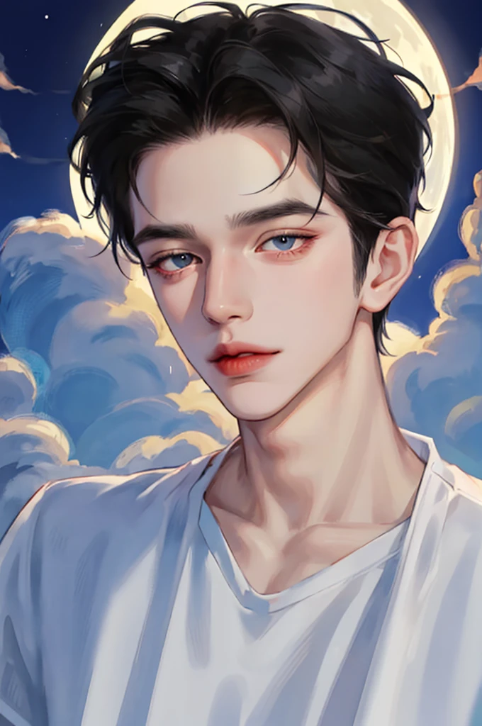Handsome man wearing a white top, portrait, backlight, aegyo sal, Gradient lips, Glass Skin, rosy cheeks and lips, big eyes, alone, cartoon style, pale skin, black hair, pomade, cloud, full moon