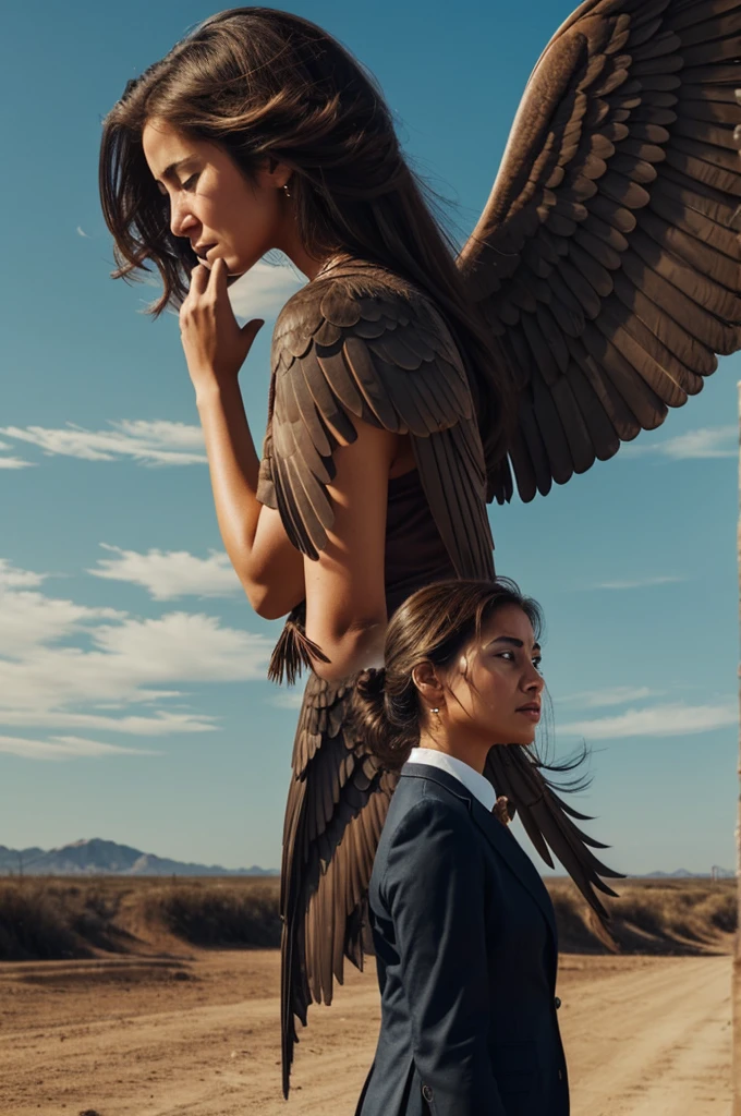 A woman cries, wings fly, and a man stands in the distance watching.