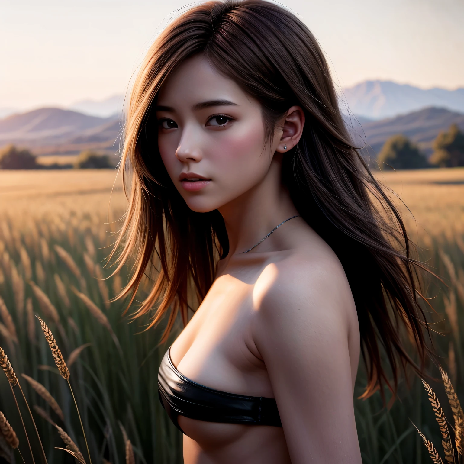 (((Misako Renbutsu)))Beautiful Young Female with (Silver Fox Tail) in Wheat Field, extremely delicate and beautiful,Outstanding light and shadow,Clear and bright sunlight, Professional portrait (Face Closeup from below), Semi-nude photography, ((backlighting, beltbra)), {(Tyndall effect)|lens flare|Shade|bloom|[chromatic aberration]} (Light particles), TopQuality Masterpiece of 8K Ultra-detailed DigitalPainting (by Jeremy Lipking)  