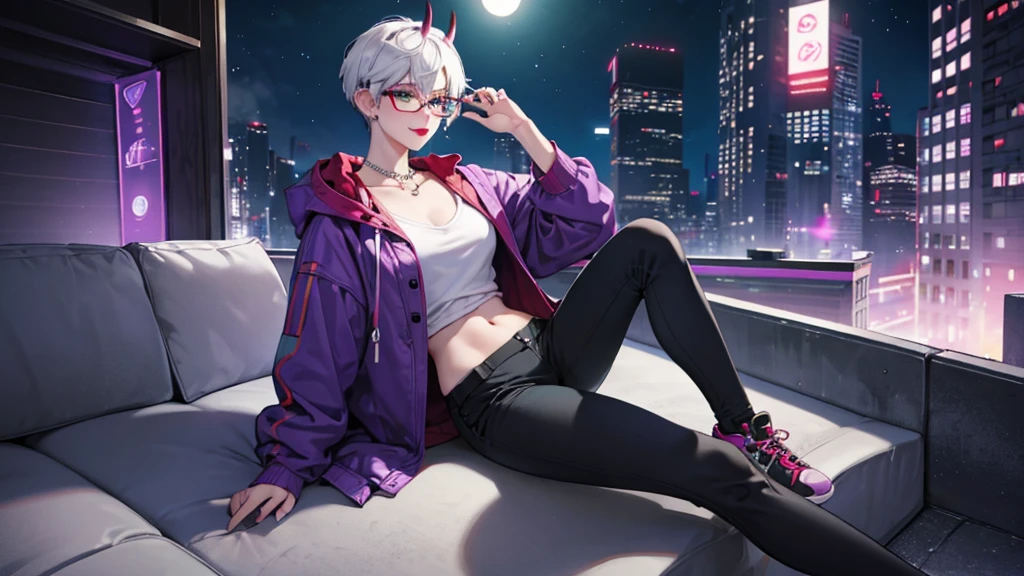 8k, masterpiece, best quality, highly detailed, 1 girl, tiefling, warlock, pixie cut, multicolored hair, very short straight hair green highlight hair on white hair, strippled hair, wearing glasses, round glasses, sexy, earrings, navel piercing, red eyeshadow, long eyelashes, blushed cheek, red lips, necklace, rings, collarbone, mole on face, glamorous, wearing large jacket, teal clothing, purple clothes, smirk, fullbody view, rings, looking at viewer, demon horns, solo, city, nighttime, sitting, white shirt, sneakers,, short pants, black legging.